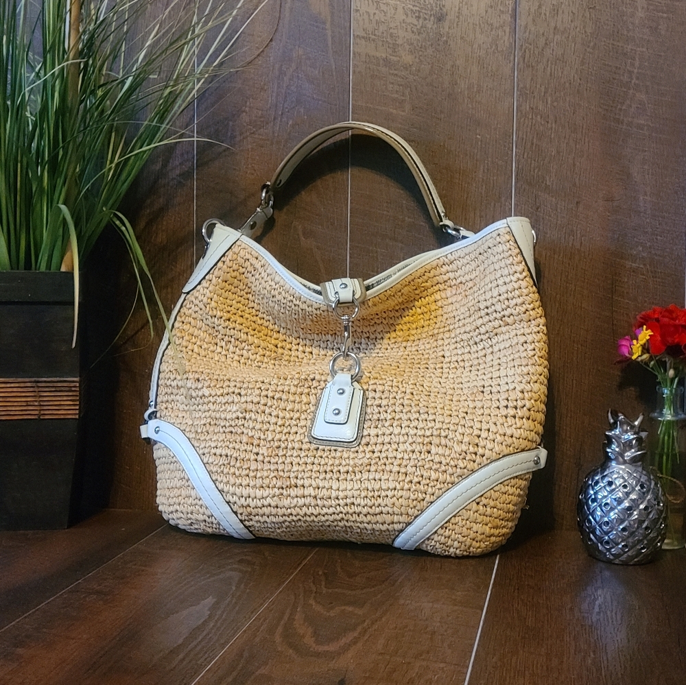 COACH 22906 Straw Dogleash Hobo/Leather Trim